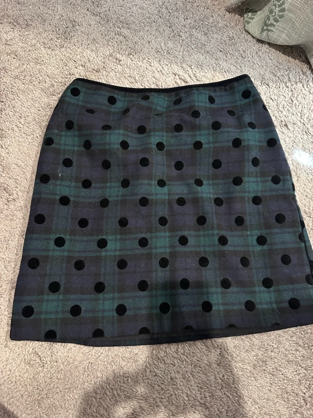 Talbots Plaid Green and Black Polka Dot A-Line Skirt Blackwatch Plaid